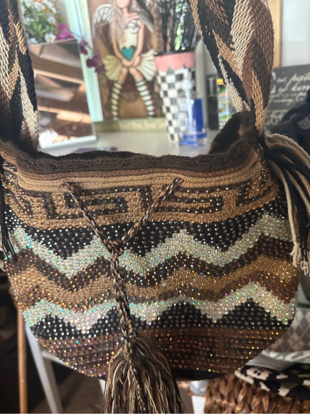 Beaded Chevron Shoulder Bag in Brown and Tan